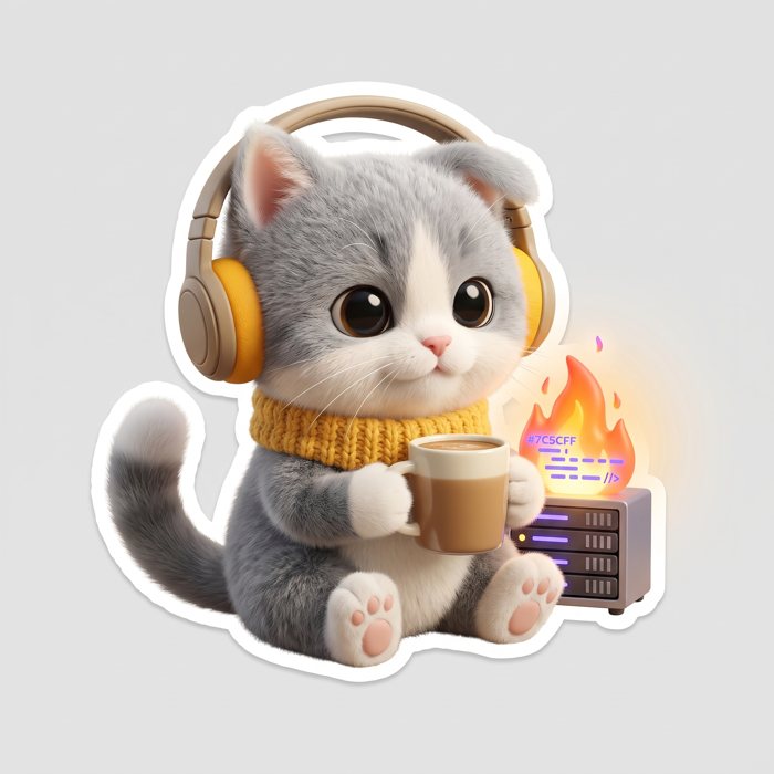 Кот пьёт кофе, за ним горит сервер